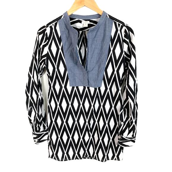 J. Crew Black White Diamond Print Chambray Bib Tunic Top Swim Beach Coverup XS. - Picture 1 of 8